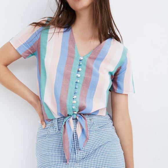 Madewell Novel Tie-Front Button Top in Flagstaff Stripe - Picture 1 of 7